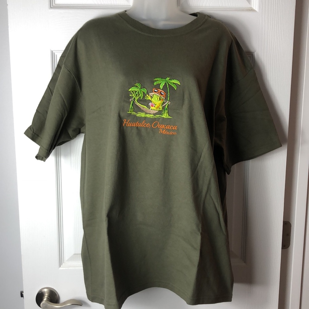 NWOT Military Green Fun Cotton Teeshirt with cute Embroidery